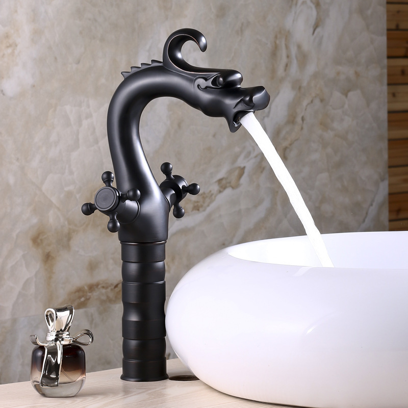 Black Gold Antique Dragon Bathroom Basin Faucet brass bathroom faucets Dual handle Hot and Cold Water Tap Deck Mounted Mixer Tap