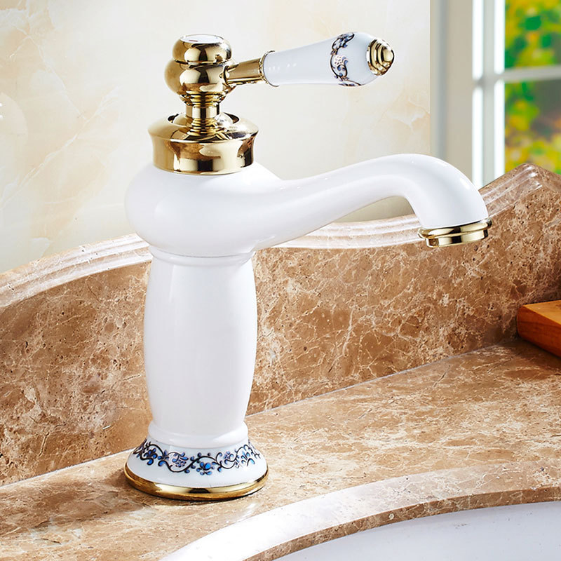 Bathroom White Basin Faucet Blue and white porcelain Faucet Basin Sink Mixer Tap Brass Made Deck Mounted Basin Faucet