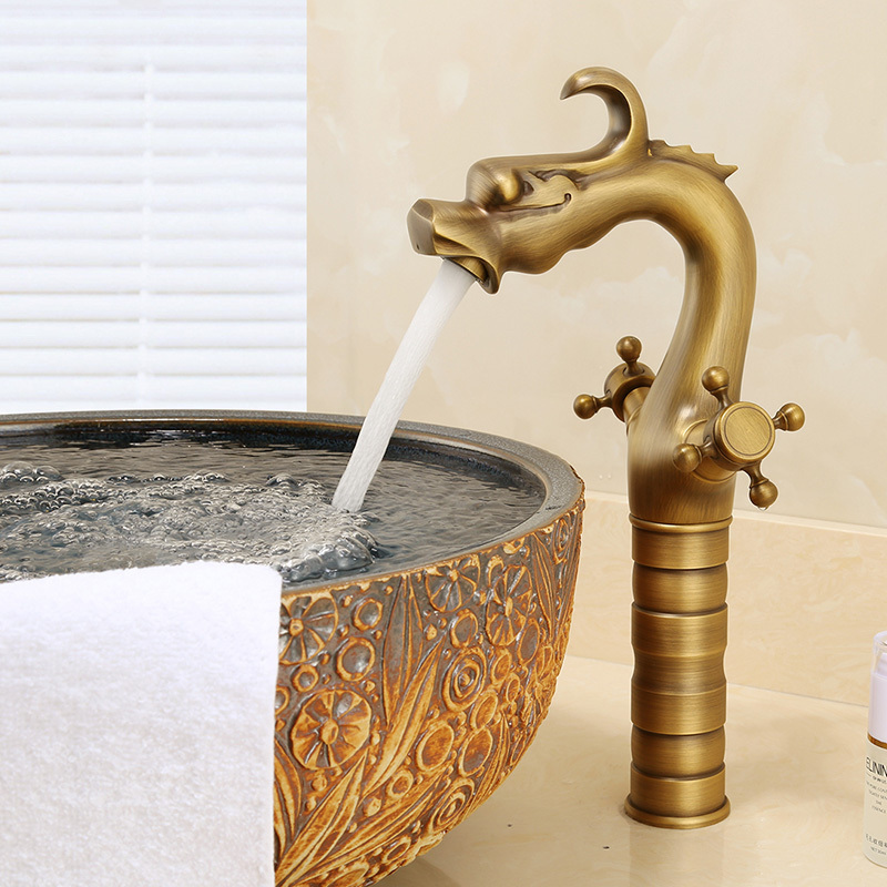 Black Gold Antique Dragon Bathroom Basin Faucet brass bathroom faucets Dual handle Hot and Cold Water Tap Deck Mounted Mixer Tap