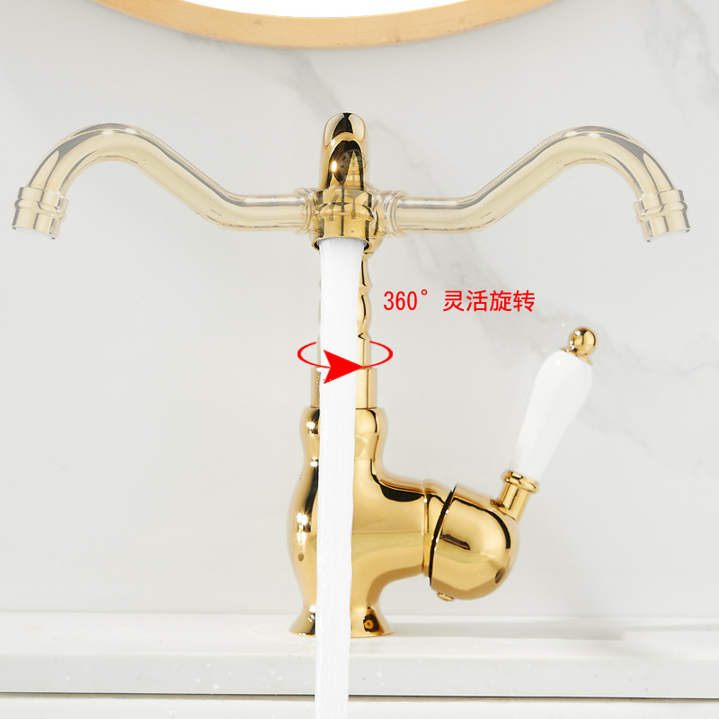 Retro faucet all copper basin faucet bathroom gold ceramic handle hot and cold water head