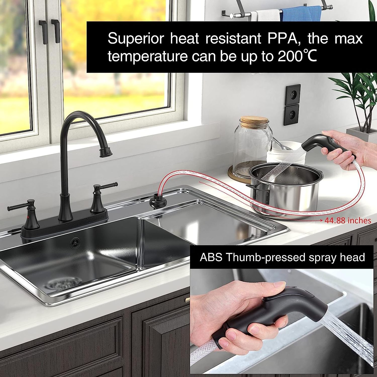 Matte black kitchen faucet 2 handle kitchen sink faucet with side spray  Cold and hot water tap