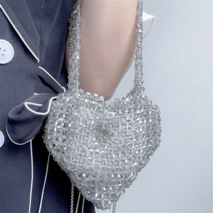 Handmade beaded shoulder bag heart shape hollow out  beach  bag  women tote bag  small pockets  phone female clutch coin purse