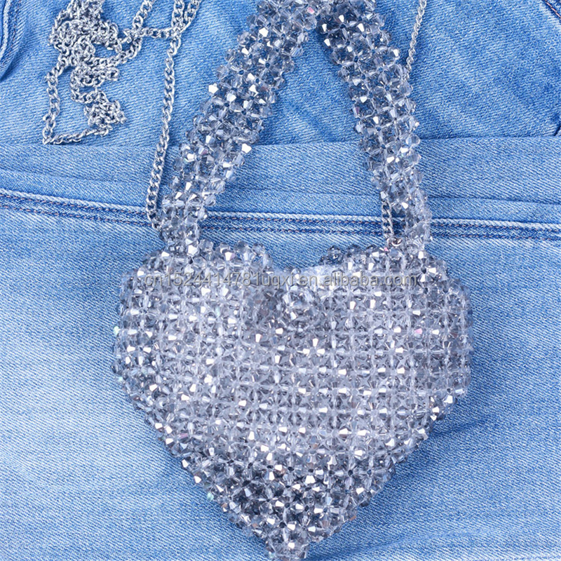 Handmade beaded shoulder bag heart shape hollow out  beach  bag  women tote bag  small pockets  phone female clutch coin purse