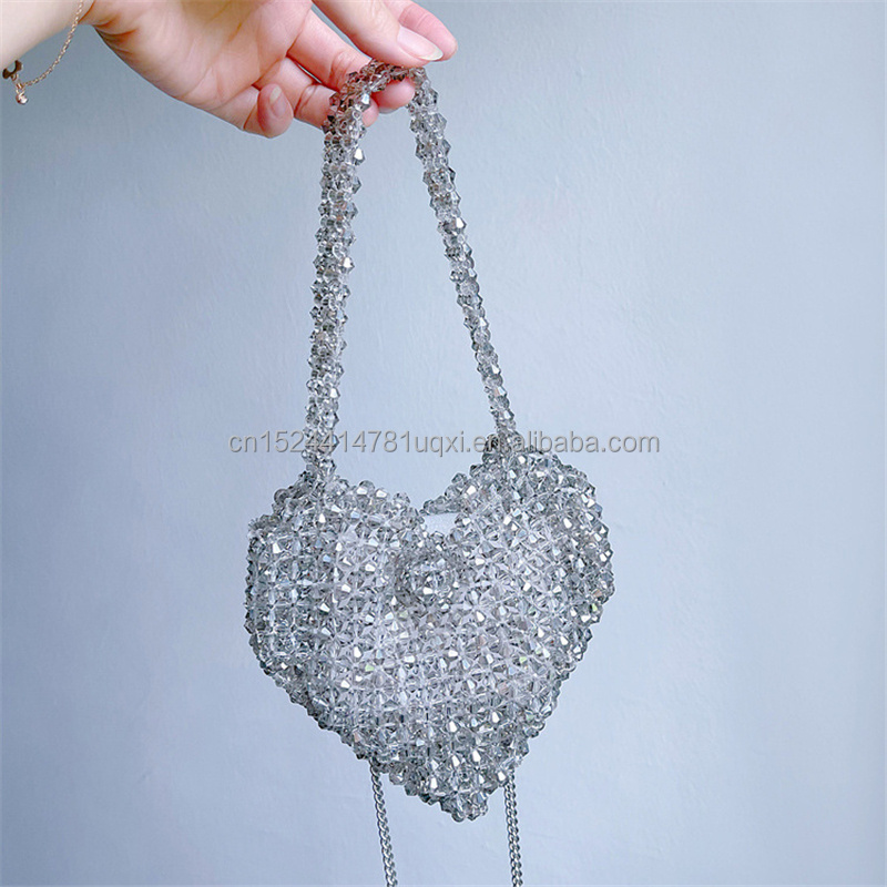 Handmade beaded shoulder bag heart shape hollow out  beach  bag  women tote bag  small pockets  phone female clutch coin purse