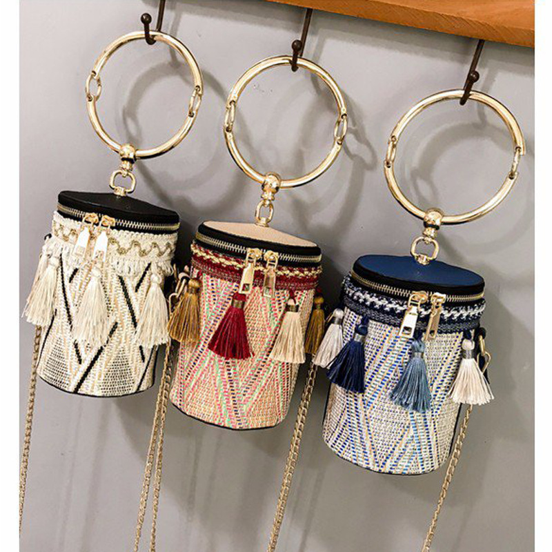 High Quality Tassel Round Bohemian Straw Bag Handmade Cylinder Cosmetic Bag Beach Shoulder Bag for Ladies