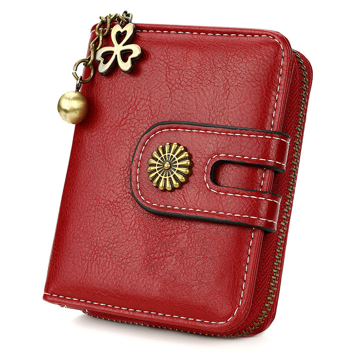 Hot Selling Fashion Multifunction Organ Card Holder Chain Pendant Wholesale Cheap PU Leather Short Card Wallet for Girls