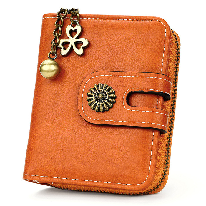 Hot Selling Fashion Multifunction Organ Card Holder Chain Pendant Wholesale Cheap PU Leather Short Card Wallet for Girls