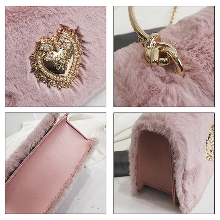 Fresh Style Girls Korean Style Pink Velvet Bag with Metal Pattern Design Golden Chain PU Leather Mini Messenger Bag