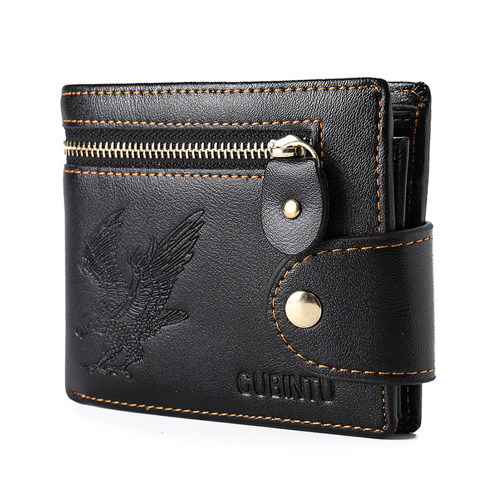 New Zipper Fashion Short Coin Purse Change Wallet Animals Printing Student Black PU Leather Wallet with embossed eagle