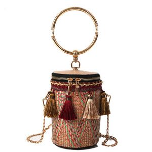 High Quality Tassel Round Bohemian Straw Bag Handmade Cylinder Cosmetic Bag Beach Shoulder Bag for Ladies