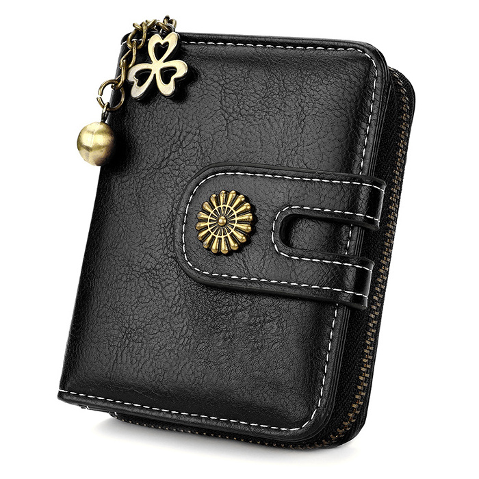 Hot Selling Fashion Multifunction Organ Card Holder Chain Pendant Wholesale Cheap PU Leather Short Card Wallet for Girls