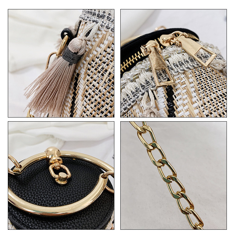 High Quality Tassel Round Bohemian Straw Bag Handmade Cylinder Cosmetic Bag Beach Shoulder Bag for Ladies