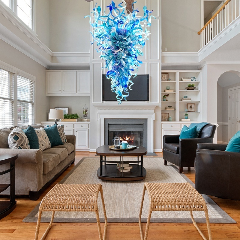 Luxury Victorian Hotel Pendant Light Living Room Blue Colored Modern Blown Glass Chandelier