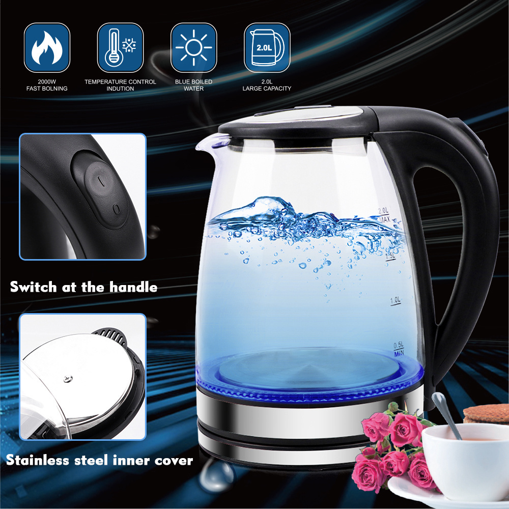 household  electric kettle. 2.0L high Borosilicate glass 304 SS electric kettle with double metal temperature controller