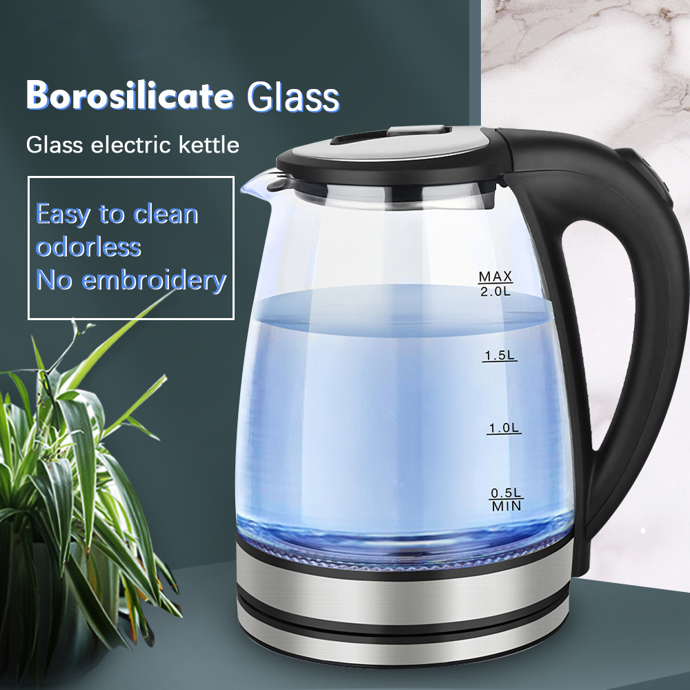 household  electric kettle. 2.0L high Borosilicate glass 304 SS electric kettle with double metal temperature controller