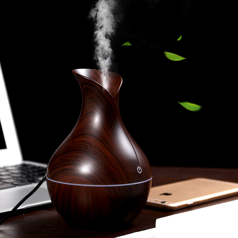 2021 New Air Humidifier Mini Vase Shape Diffuser Humidifier Ultrasonic Led Portable Cool-mist Wood Grain Humidifier