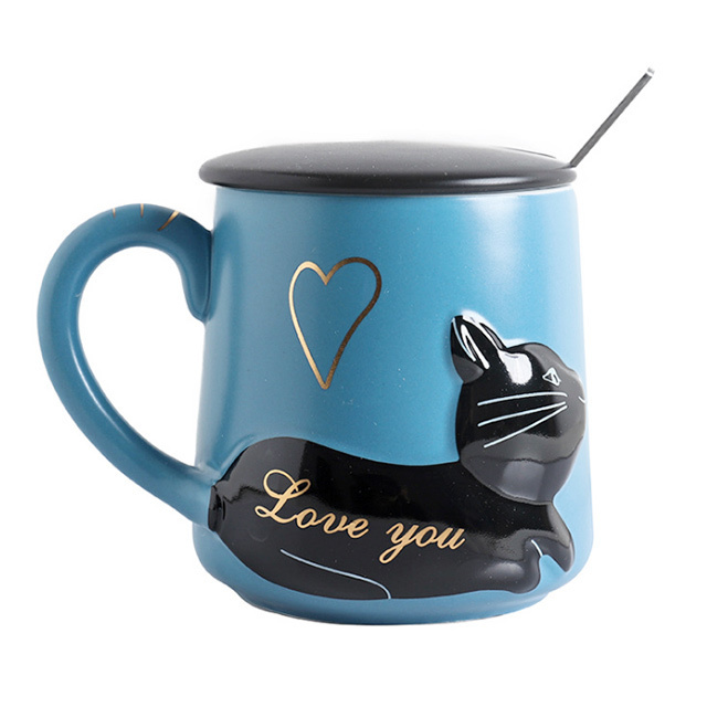 3D embossed cat ceramic cup with lid spoon water cup cartoon art fresh fresh male and female student couple cup coffee mug