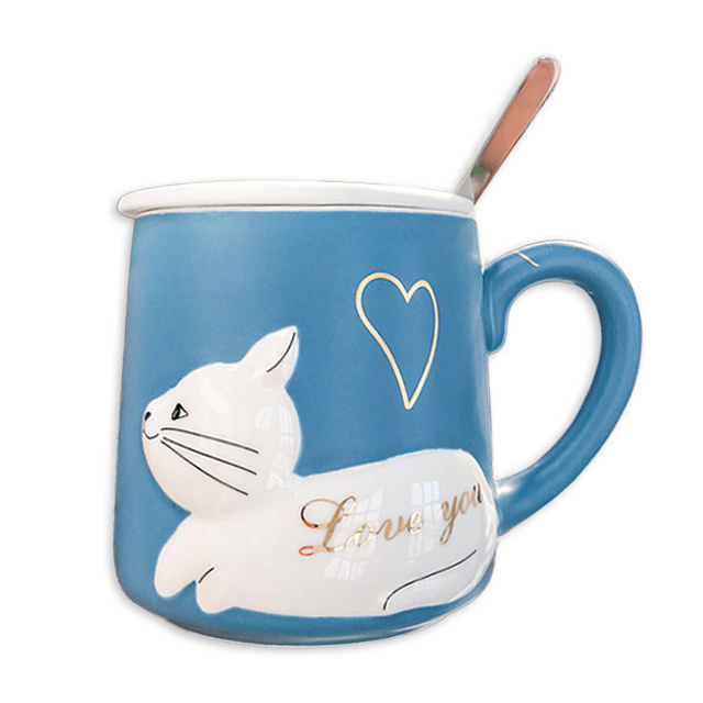 3D embossed cat ceramic cup with lid spoon water cup cartoon art fresh fresh male and female student couple cup coffee mug