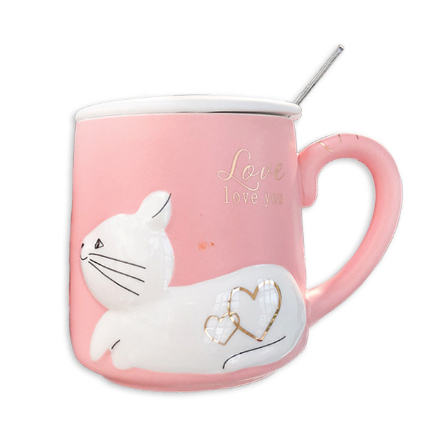 3D embossed cat ceramic cup with lid spoon water cup cartoon art fresh fresh male and female student couple cup coffee mug