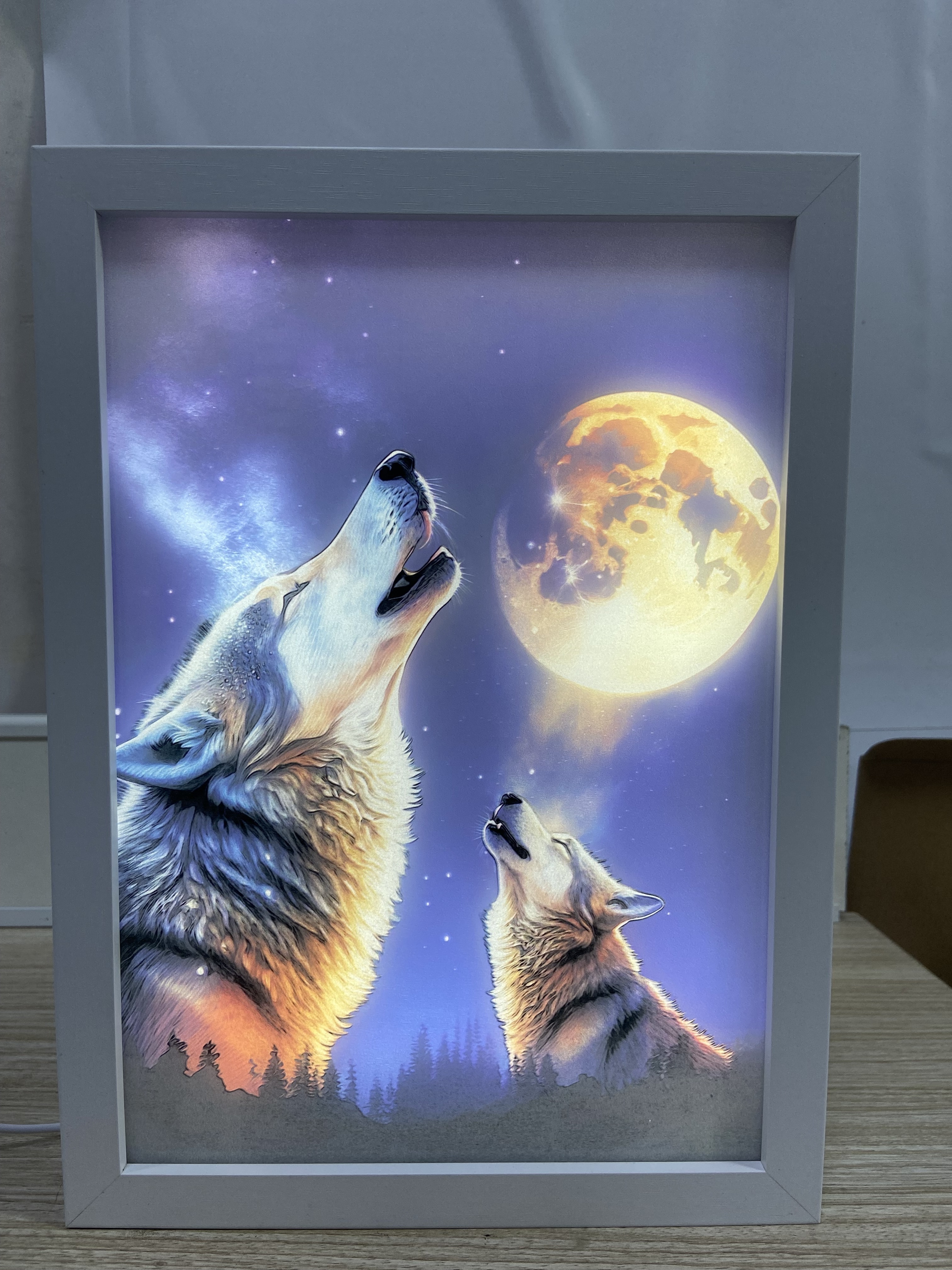 Night light painting wolf artwork UV print Wood photo frame LED wall art for kids room