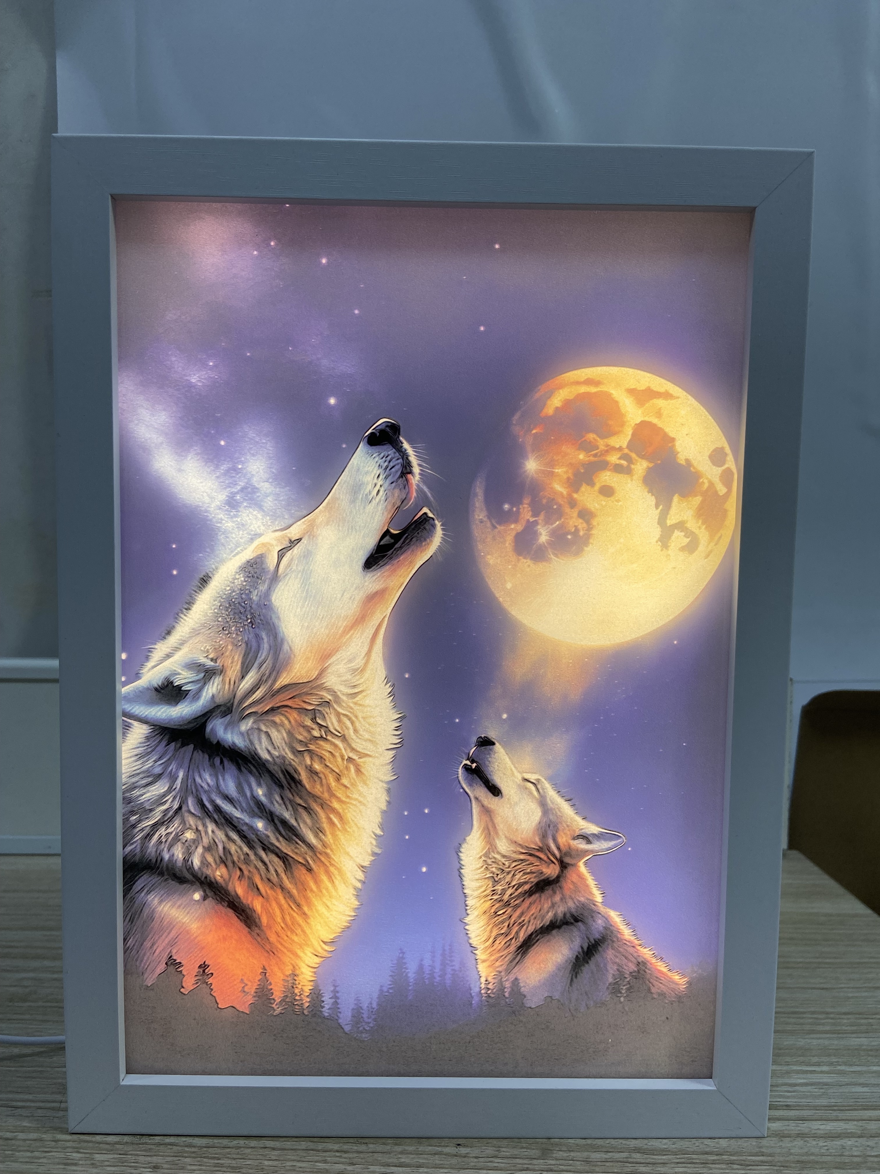 Night light painting wolf artwork UV print Wood photo frame LED wall art for kids room