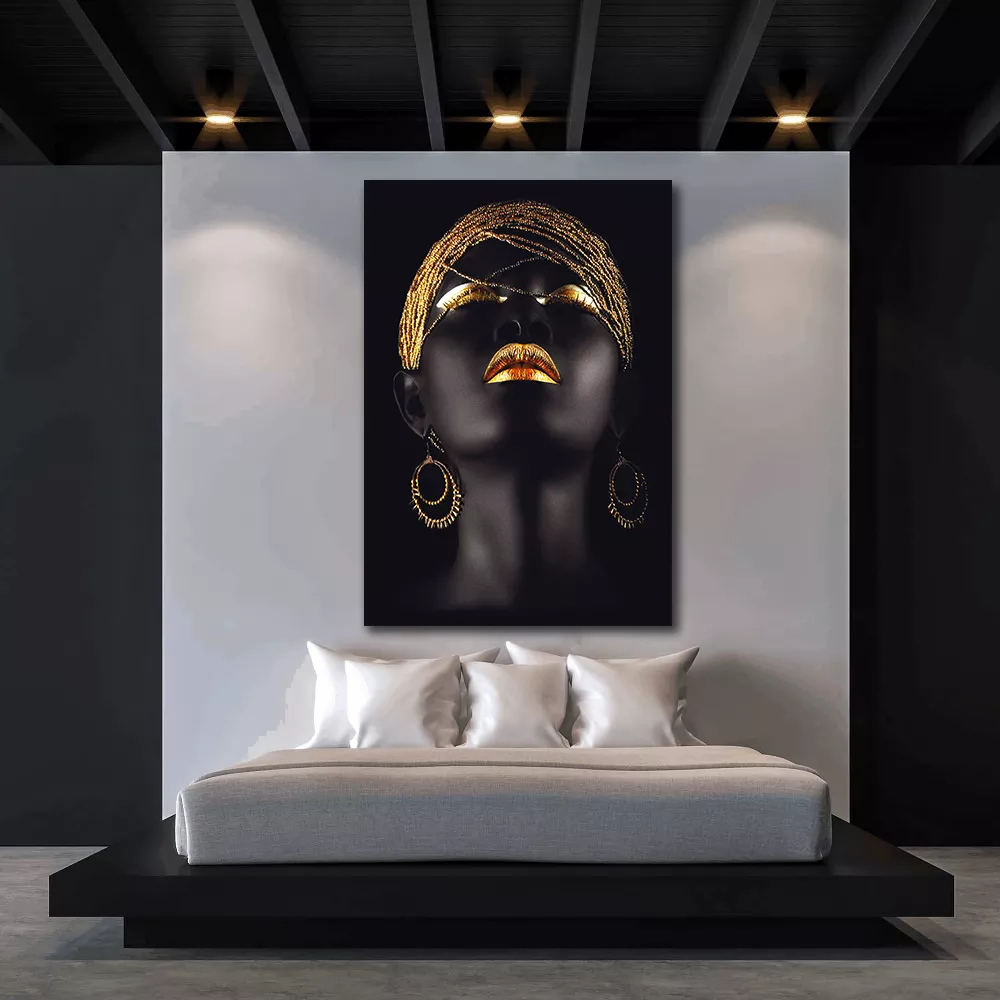 Contemporary home decor Portrait Oil Paintings Black Women  gold lips Print On Canvas African Wall Art Posters