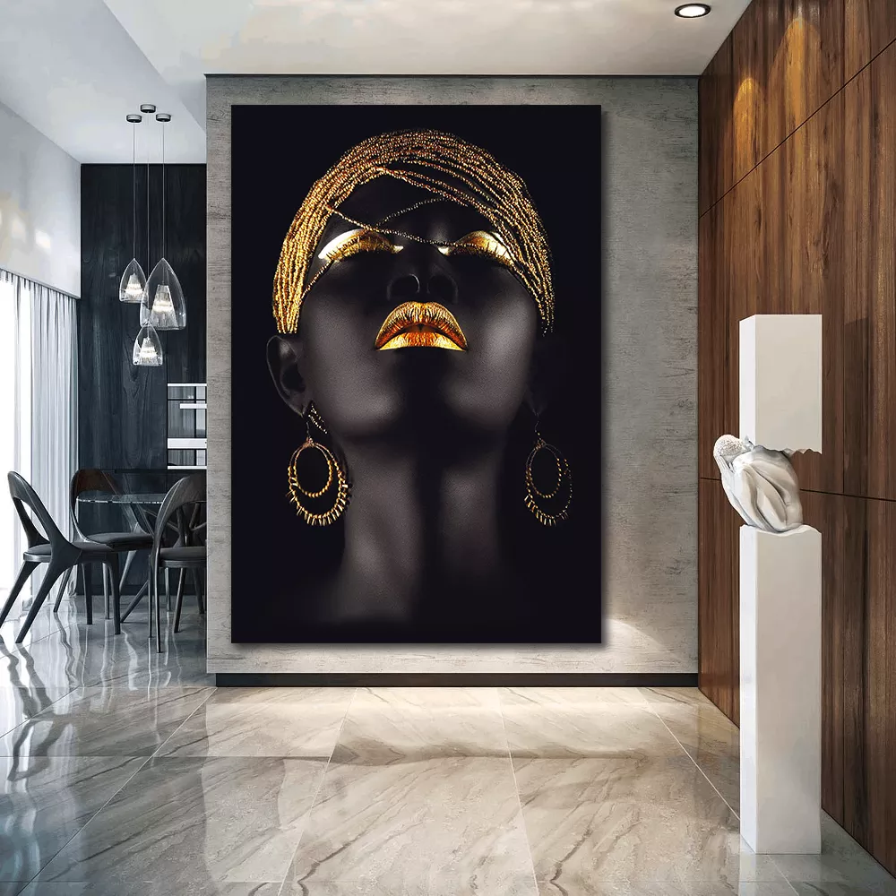 Contemporary home decor Portrait Oil Paintings Black Women  gold lips Print On Canvas African Wall Art Posters