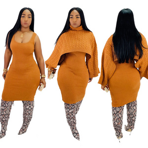 New Arrive Fashion Autumn Winter Women Sexy Dress Long Sleeve Sweater Skirt Two Piece Outfits Casual Women Dresses Set