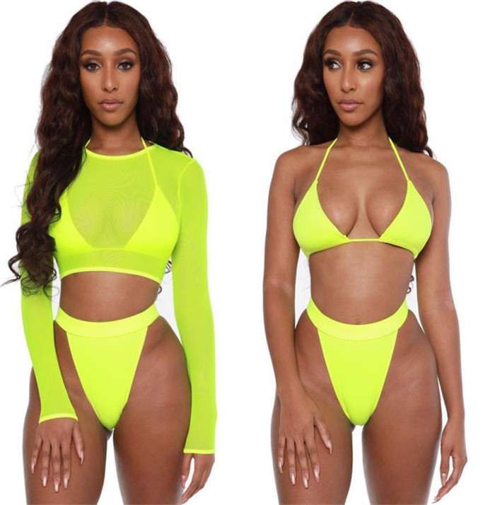 Custom 3 Piece Bathing Suit Women Mesh Sexy Bikini High Waisted Swimsuit Swimwear