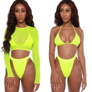 Custom 3 Piece Bathing Suit Women Mesh Sexy Bikini High Waisted Swimsuit Swimwear