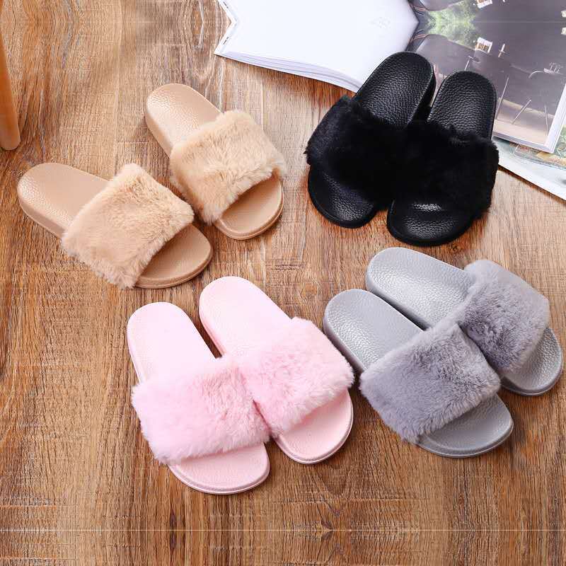 Ladies Women Fur Slippers Slides,Custom Faux Furry Slides Slippers Fur Sandals,Wholesale Faux Fox Fur Slides Slippers Women