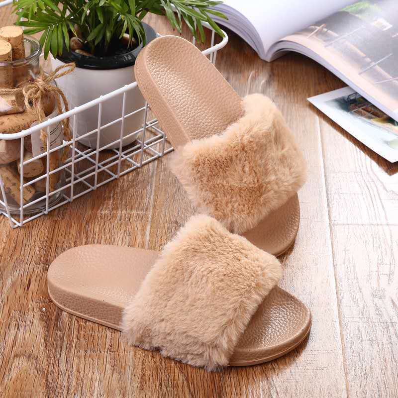 Ladies Women Fur Slippers Slides,Custom Faux Furry Slides Slippers Fur Sandals,Wholesale Faux Fox Fur Slides Slippers Women