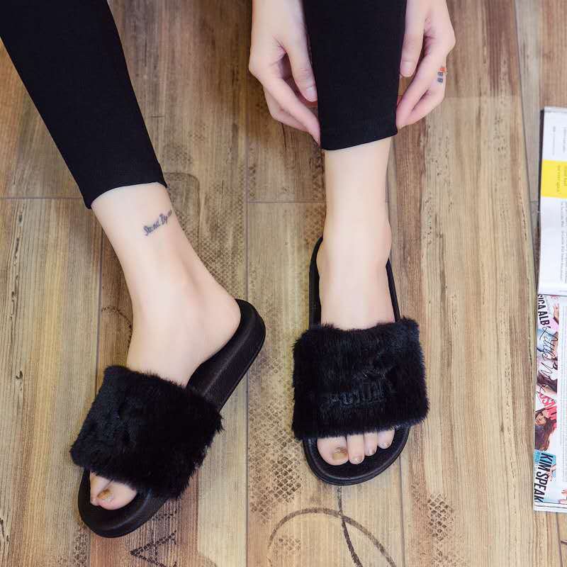 Ladies Women Fur Slippers Slides,Custom Faux Furry Slides Slippers Fur Sandals,Wholesale Faux Fox Fur Slides Slippers Women