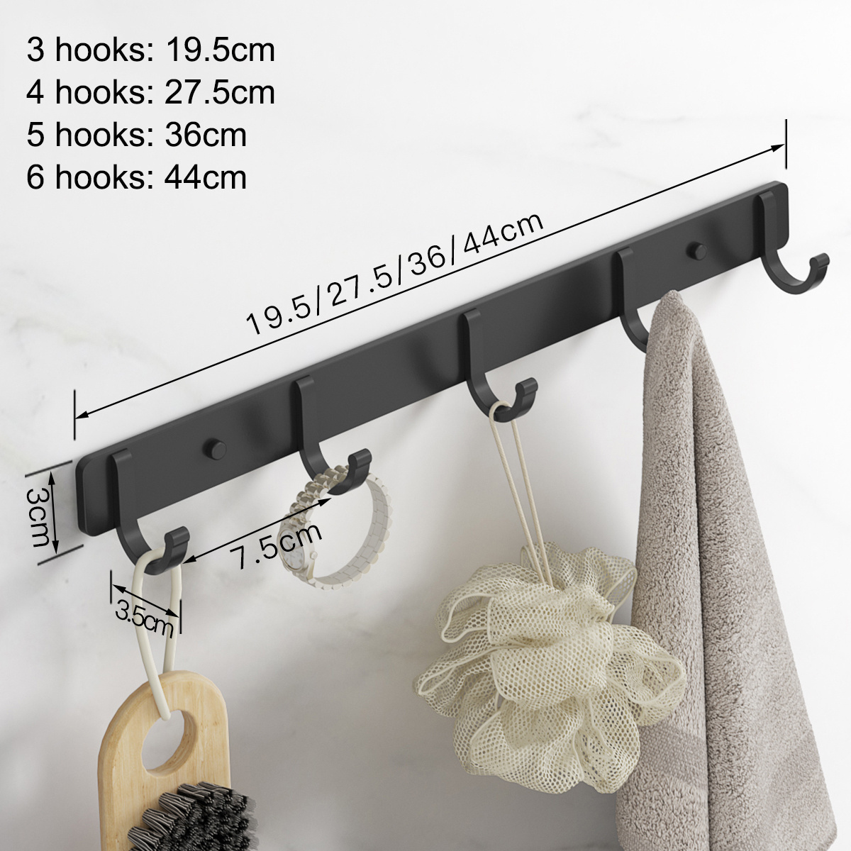 Wall Mounted Bathroom Metal Black Coat Hooks for Clothes Hanging Hook Hanger Rail