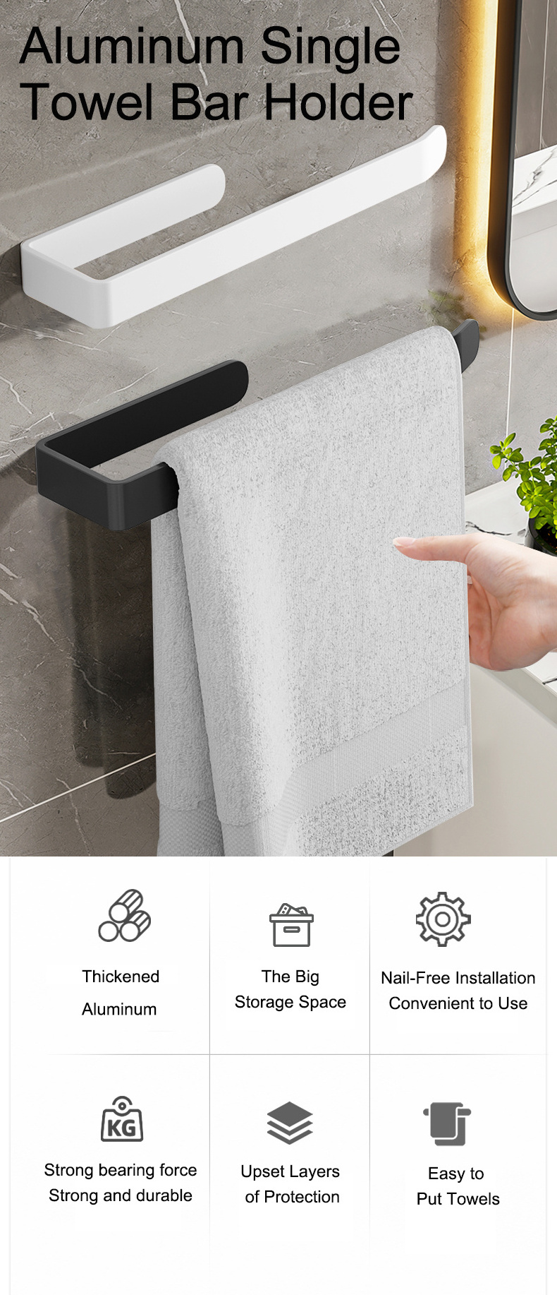 Bathroom Modern Aluminum Single Towel Bar Rack Toilet Towel Rail Holder