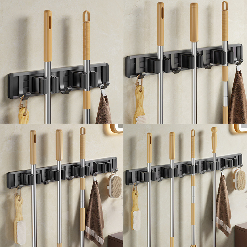 Bathroom Mop Hanger Wall Mounted Metal Mop Rack Hanging  Adjustable Gun Gray Broom Holder Mop Hanger Holder