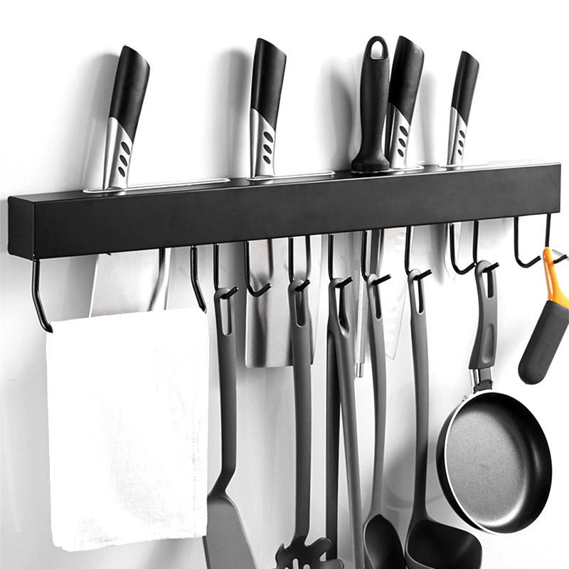 Wall Mounted Kitchen Black Utensil Storage Hook Knives Towel Rack Rail Organizer