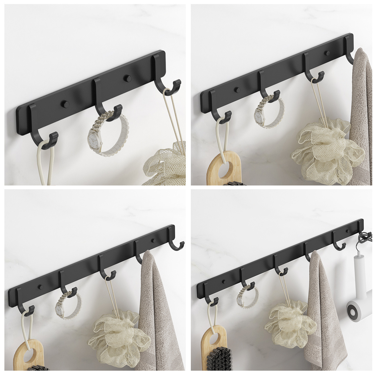 Wall Mounted Bathroom Metal Black Coat Hooks for Clothes Hanging Hook Hanger Rail