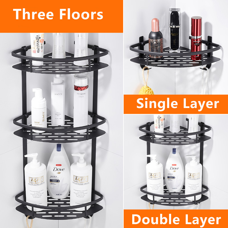 Bathroom Wall Mounting Tripod Storage Basket Metal Corner Storage Shelf Rack