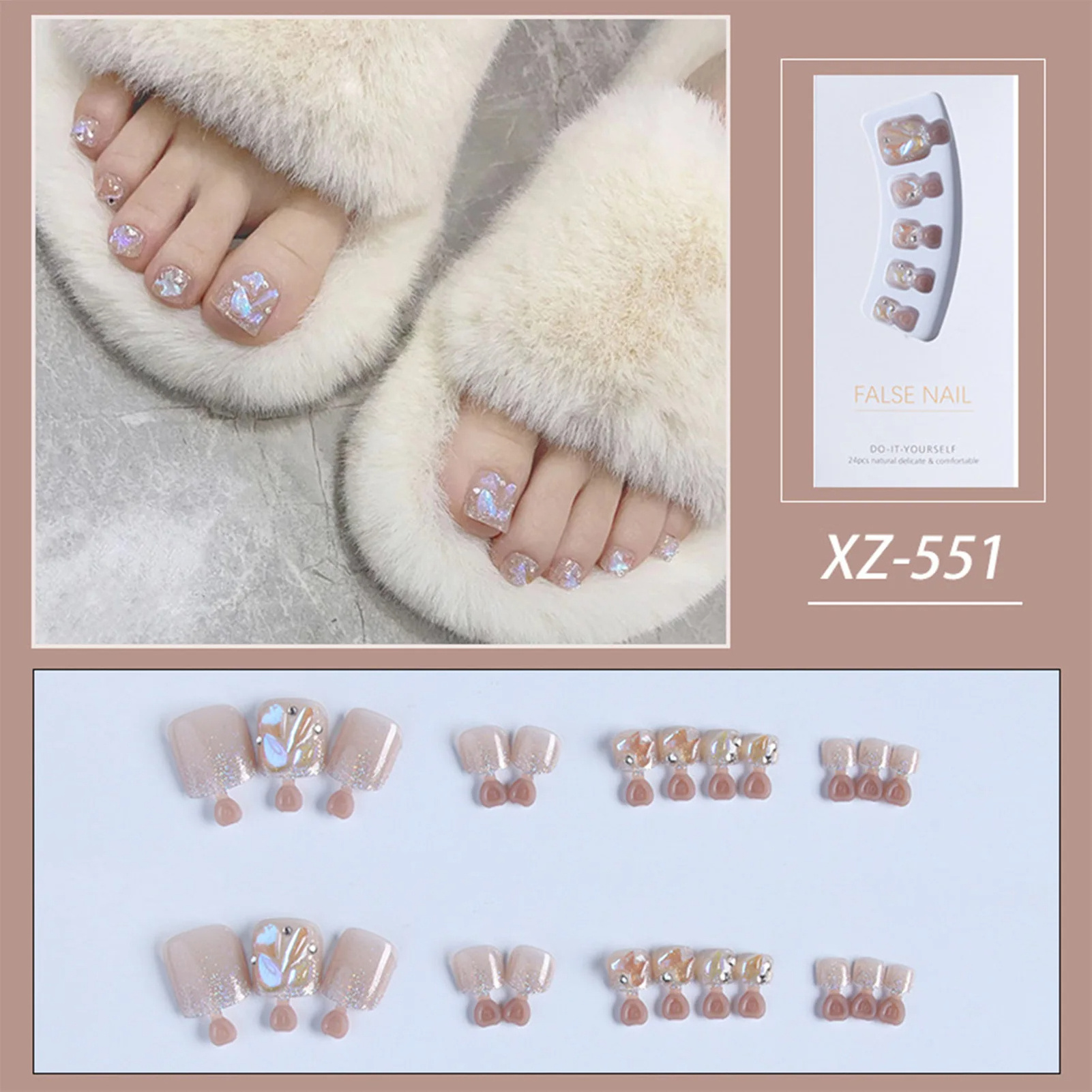 Aurora Colorful Diamond False Toe Nails Wearable Rhinestones Designs Phototherapy Toe Press On Nails Toe