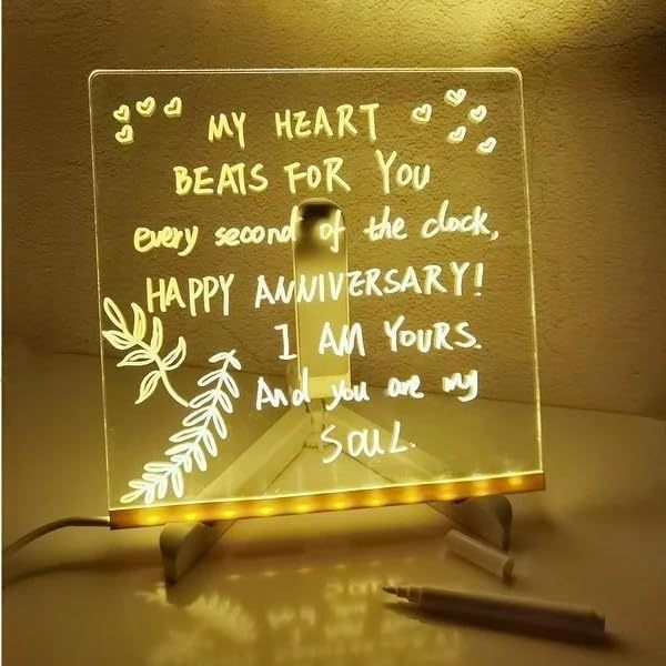 Acrylic Dry Erase Board with Light,Light up Dry Erase Board with Stand, LED Letter Message Board Note for Office School Home