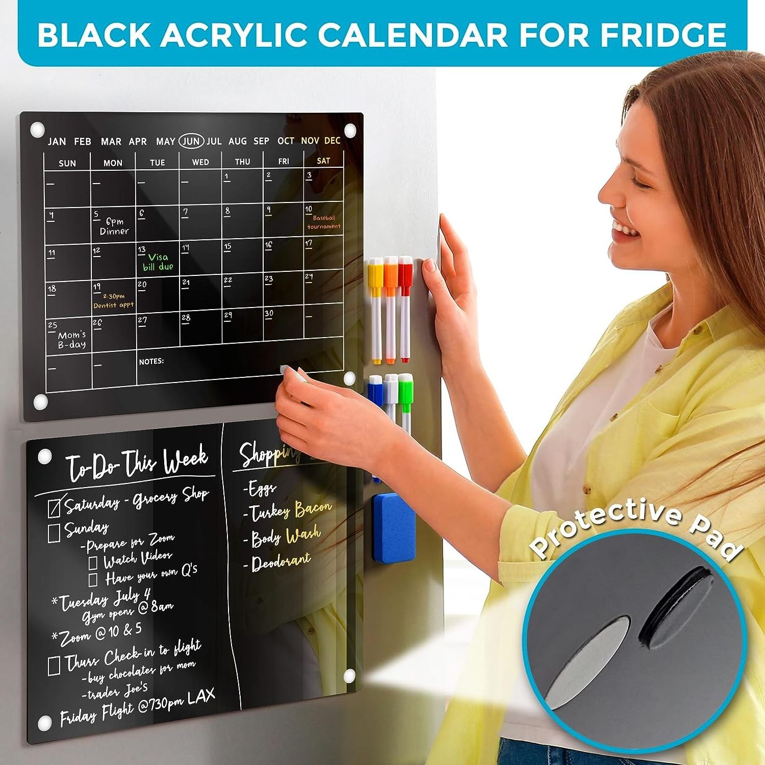 Black Magnetic Acrylic Calendar For Fridge | 2pcs 16