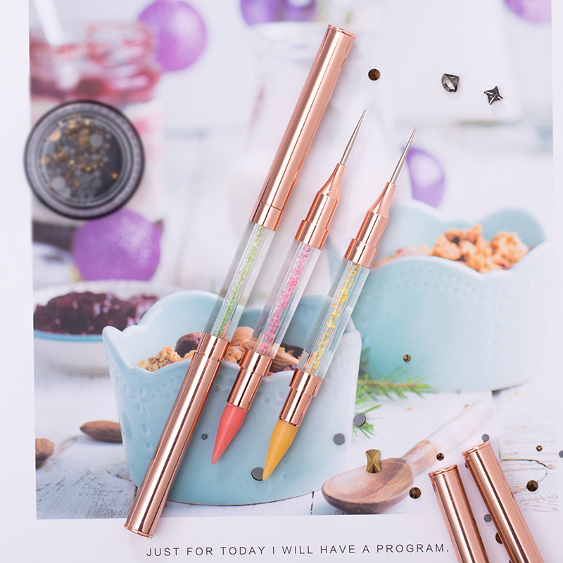 GUYO Double Head Nail Art Pen Rose Gold Rhinestone Nail Manicure Art Dotting Pen Tools Nails Dotting Wax Picker Pen