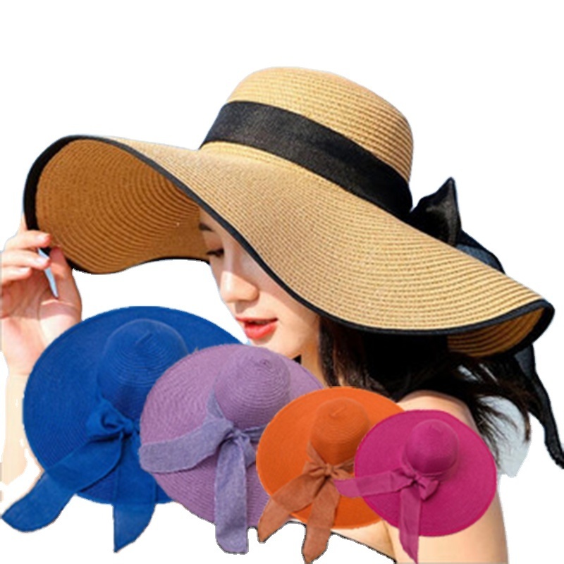 Summer Beach Chapeau Femme Sun Straw Hat 50 Box  Wide Brim Bowknot Floppy  Straw Hats Sombreros Mujer For Women Straw Hats