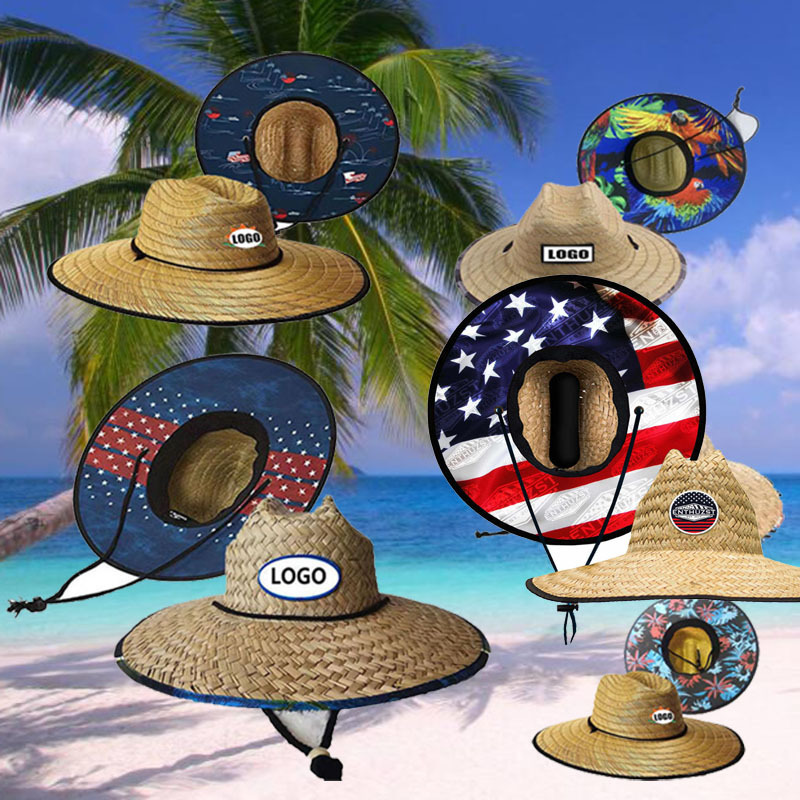 Wholesale Summer Lifeguard Straw Hat Under Brim Custom Printing America Sombrero Beach Hat Surf Lifeguard With logo Straw Hat