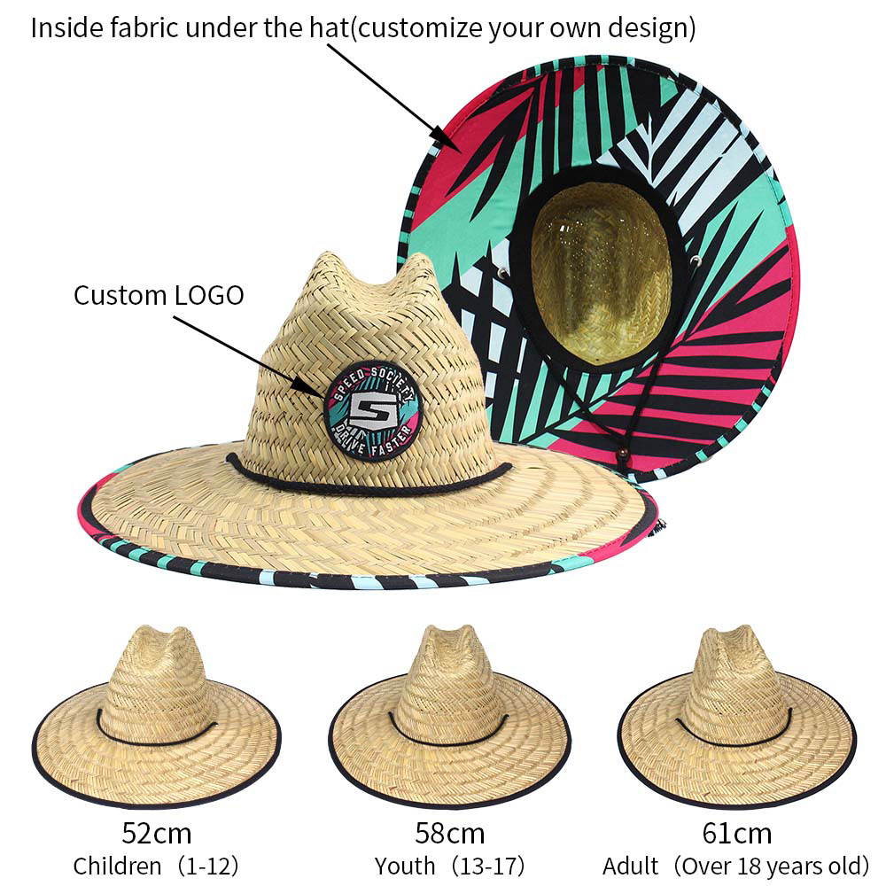 Wholesale Summer Lifeguard Straw Hat Under Brim Custom Printing America Sombrero Beach Hat Surf Lifeguard With logo Straw Hat