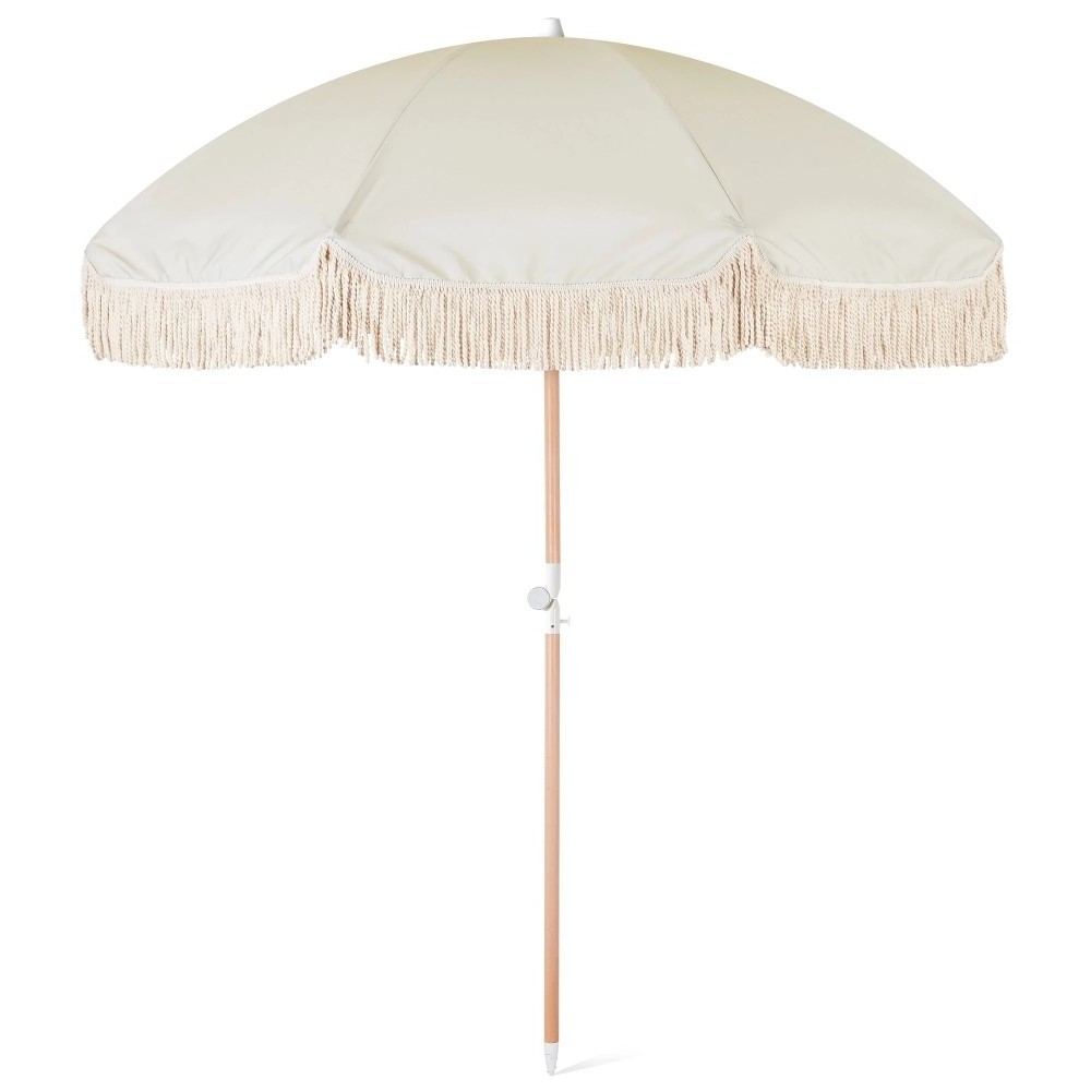 Holiday wood pole Beach Umbrella Retro Antique White Fringe Trim