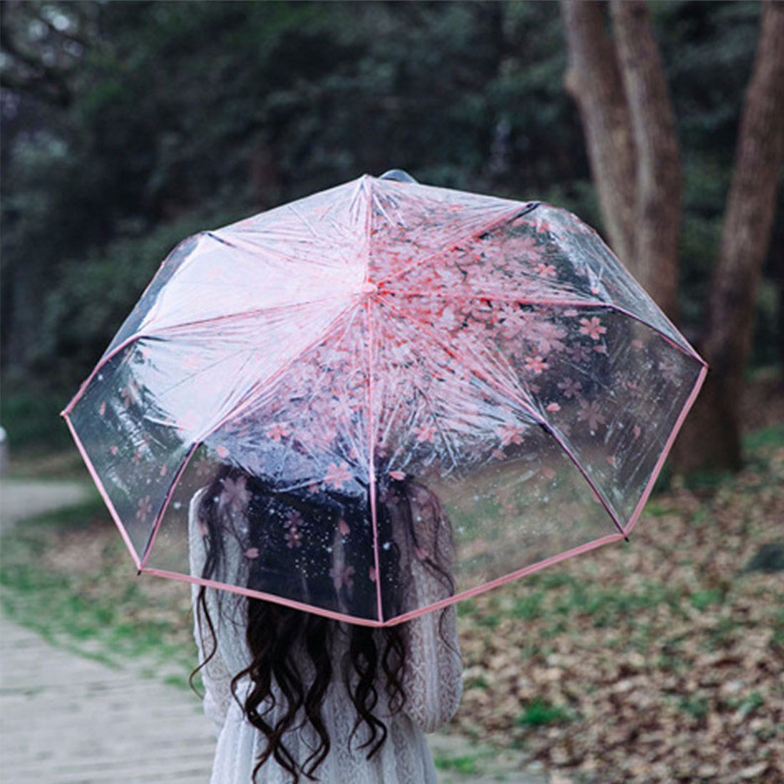 Umbrella Parasol Pink Flowers Pattern Umbrella Transparent Ladies 3 Folding Wedding Desktop Mother's Day for Children Support