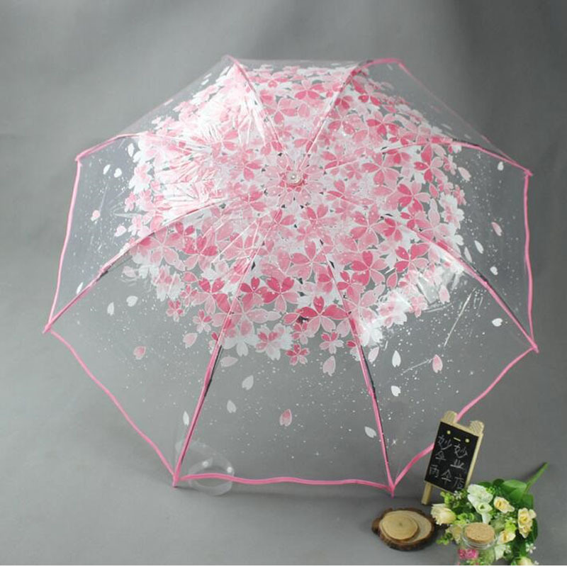 Umbrella Parasol Pink Flowers Pattern Umbrella Transparent Ladies 3 Folding Wedding Desktop Mother's Day for Children Support