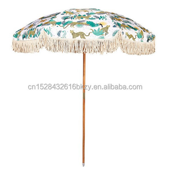 Wholesale Custom Logo Print Boho Outdoor Sun UV Protection Sunshade Parasols Wooden Patio Beach Umbrellas with Fringe Tassels